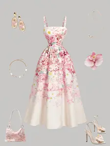 Women's Floral Midi Dress, Beach Party Dress, Valentine's Day Dress, Summer Fashion, High Waist A-Line Skirt, Sweet Style, Elegant Chic Dress, A Line Dresses