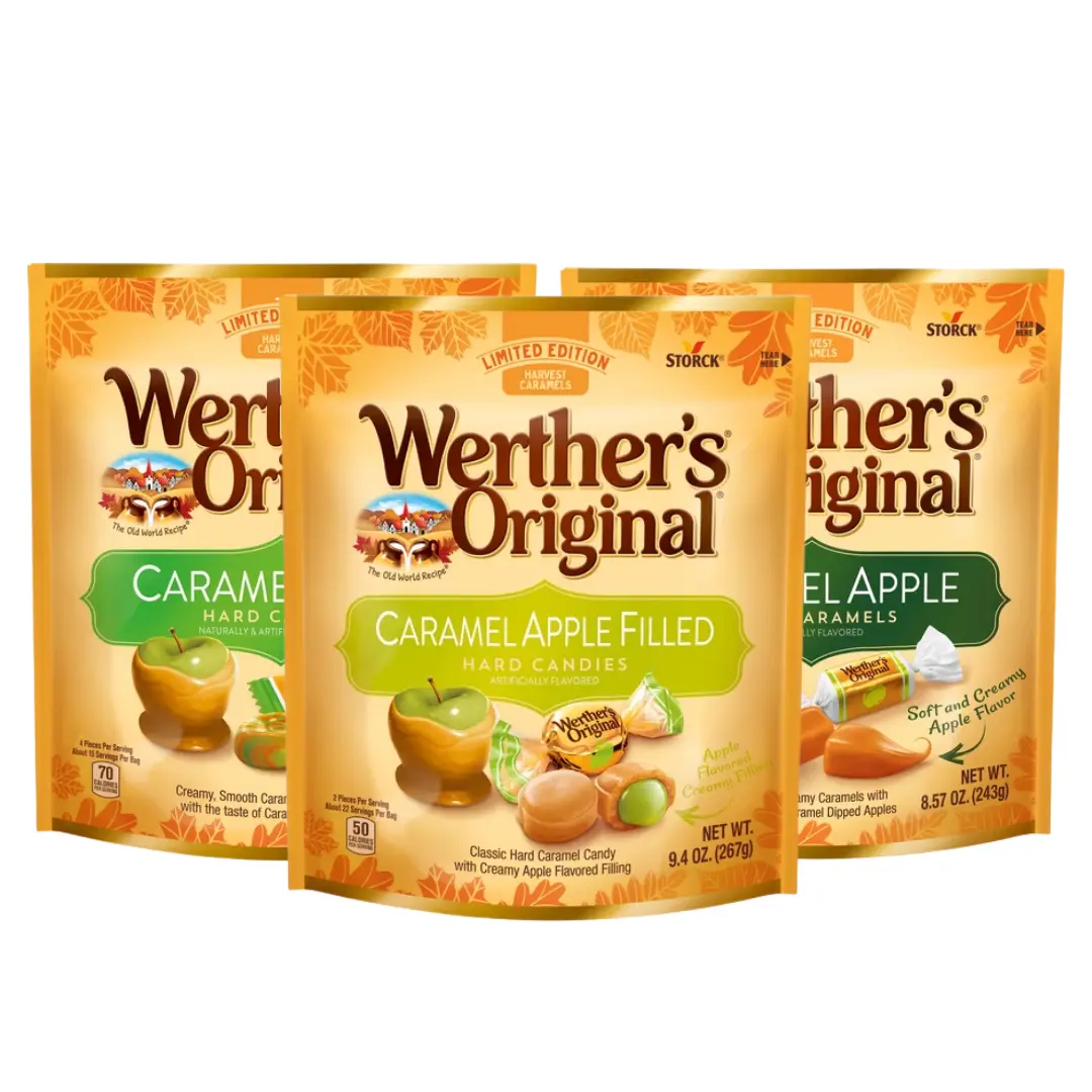 Werther’s Original Harvest Caramels - Apple Caramel Candy Variety Pack (3 Pack, Caramel Apple Filled + Apple Hard Candy)