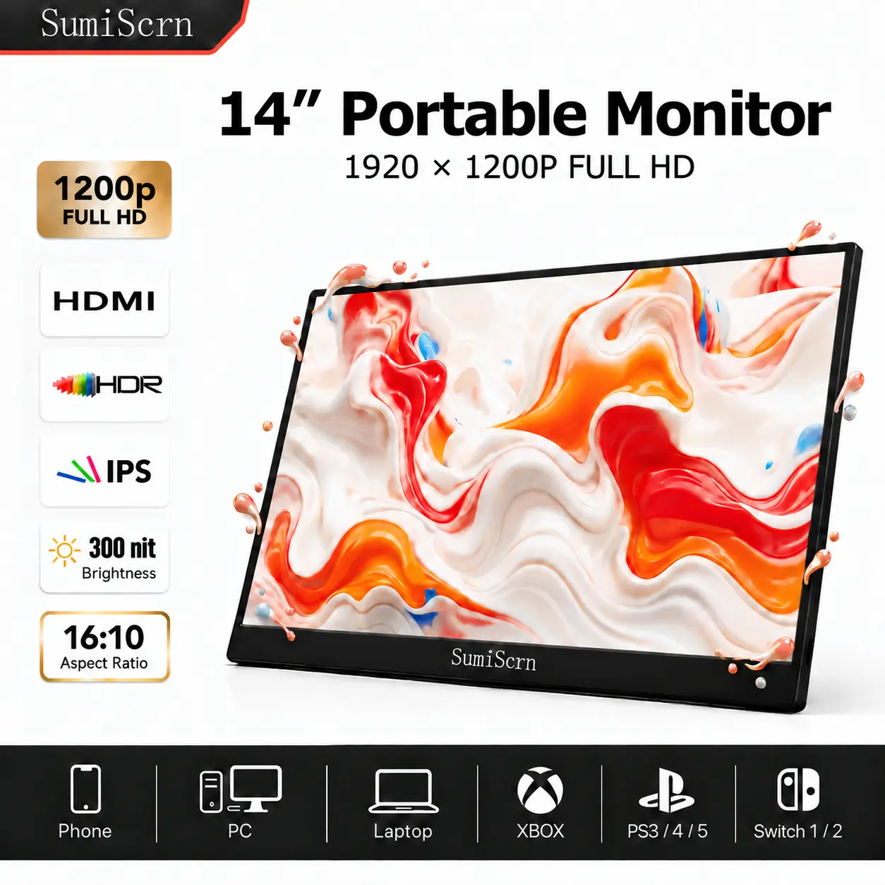 SumiScrn 14” Portable Laptop Extended Monitor, 1920x1200p IPS 16:10 Secondary Screen for Laptops, PCs, Phones & Games, Plug & Play, Built-in Stand, Dual Stereo Speakers, Low Blue Light, Flicker-free, Dual USB-C, Laptop Extended Monitor Portable