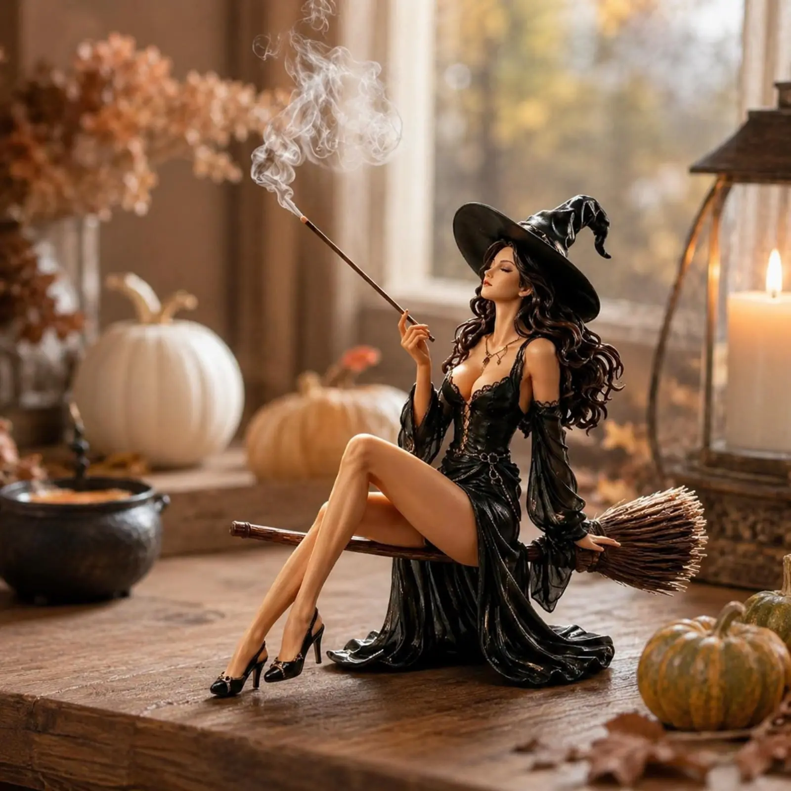 Hand-Painted Witch on Broomstick Resin Figurine | Gothic Witch Incense Holder Statue | Witchy Halloween Home Decor | Mantel Shelf Altar Ornament Gift for Witch Lovers