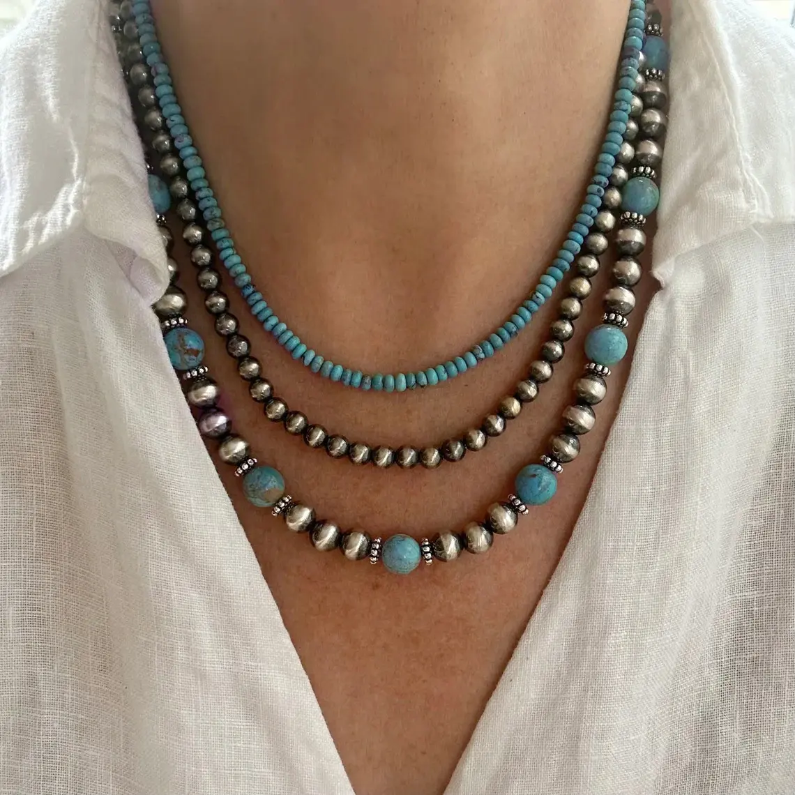 3-Layer Turquoise and Silver Beaded Necklace, Bohemian Stackable Dainty Design - Ideal for Vacation, Western Style Sports & Outdoor Accessory summervibes,summerwins