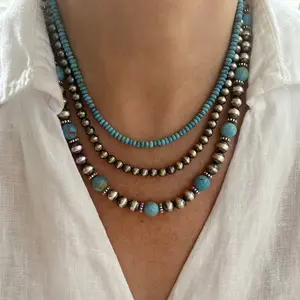 3-Layer Turquoise & Silver Beaded Necklace | Bohemian Stackable Design - Dainty, Perfect for Vacation & Western Style