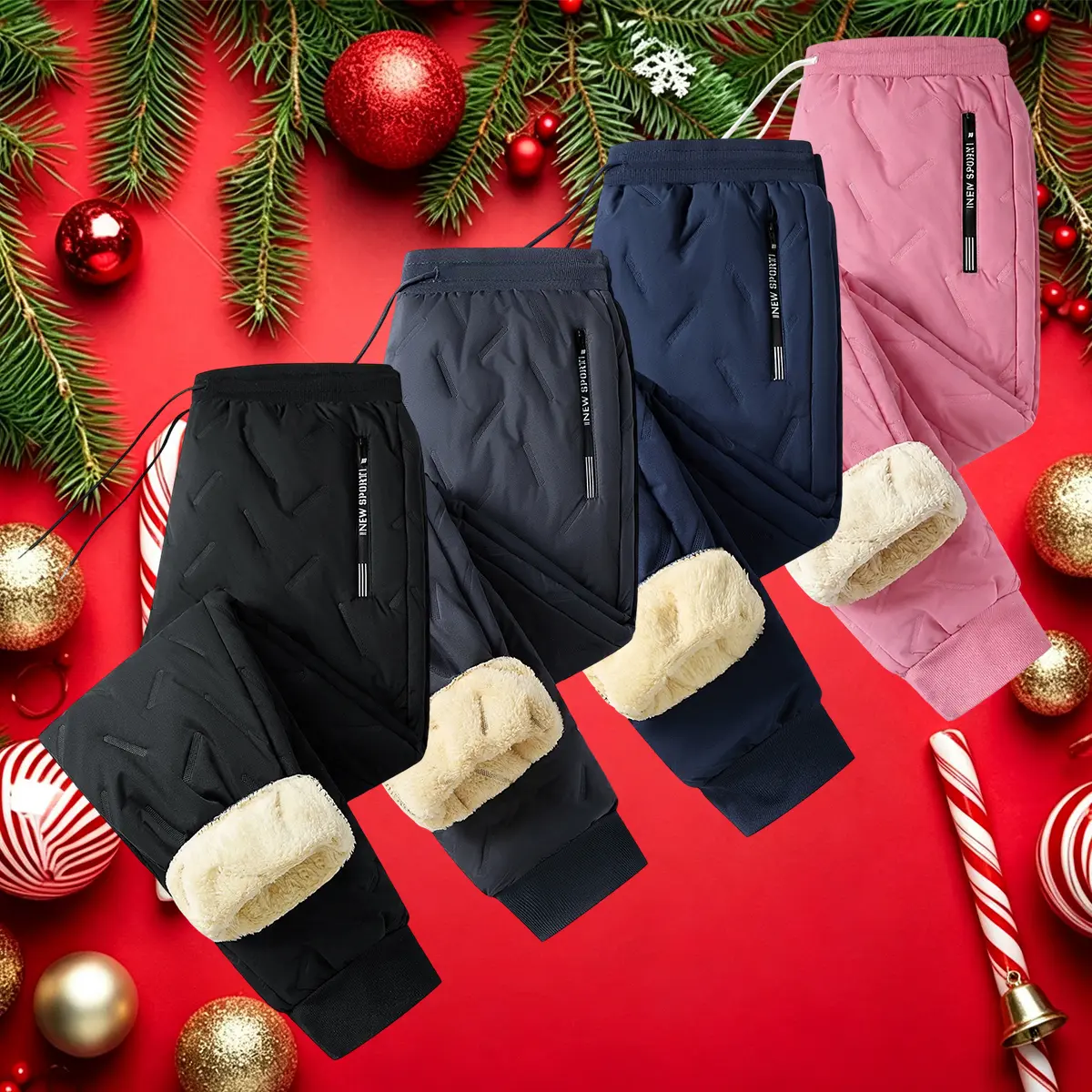 Women’s autumn/winter model – fleece-lined, thick, warm, heat-insulating long pants – solid color shearling casual athletic joggers with full zip closure and fleece lining, drawstring pockets – essential for outdoor activities in fall/winter