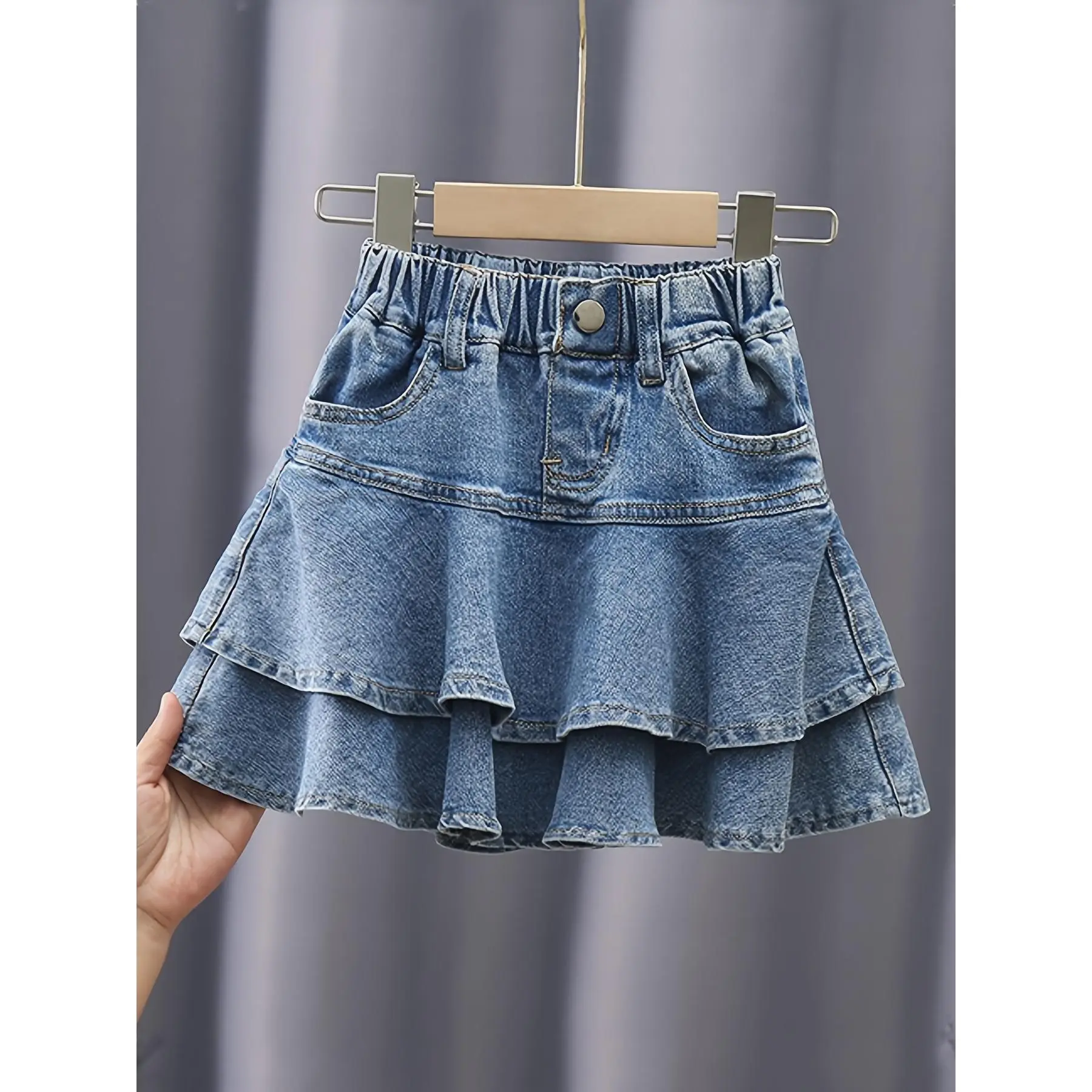 Girls' Layered Denim Skirt with Pockets - Casual Loose Fit Summer Skirt for Youngsters, K-Pop Style, Solid Color, Perfect for Casual Attire, Allseason Skirt, Kpop Style Skirt, Comfortable Fabric
