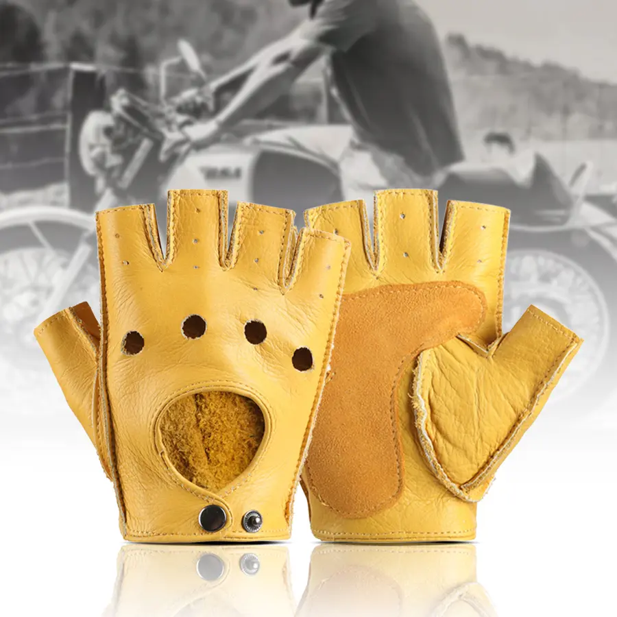 Yellow Leather Fingerless Motorcycle Gloves - Vintage, Breathable Half-Finger Driving Gloves for Sports & Outdoor Use