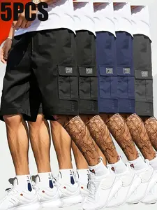 Pack of 5 Vintage Casual Cargo Shorts – Loose Fit Workwear Pants with Large Pockets in Solid Colors (Black/Blue/Gray), Comfortable for Everyday Wear, Retro Casual Style, Durable Fabric