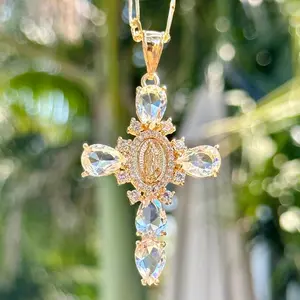 Virgen Mary Cross Necklace Elegant Gold Plated with Cubic Zirconia for Women Girls Fashion Jewelry Perfect for Party Trendy All Match Exquisite Gift