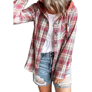 DEAMOS Hooded Flannel Shirt Wcket Shacket Long Sleeve Button Down Blouse Casual Fashion Boyfriend Top Pocketed