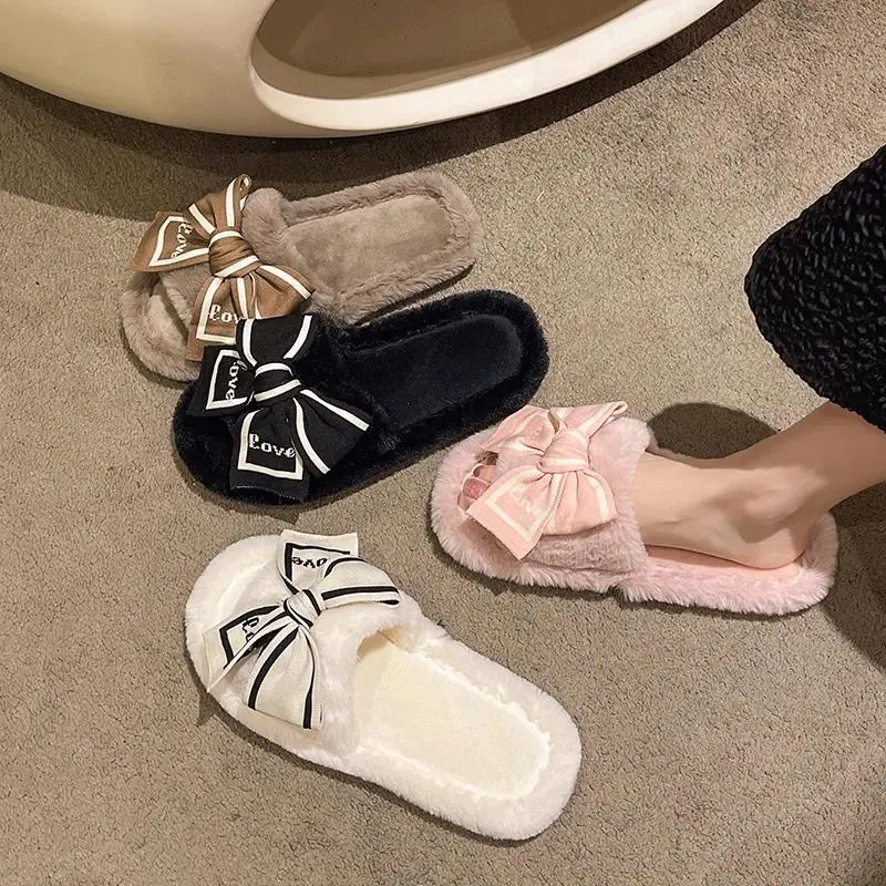 Women's Fluffy Platform Slides, Plush Open Toe Slippers with Bowknot Love Charm, Elegant Indoor Winter Footwear, Slide