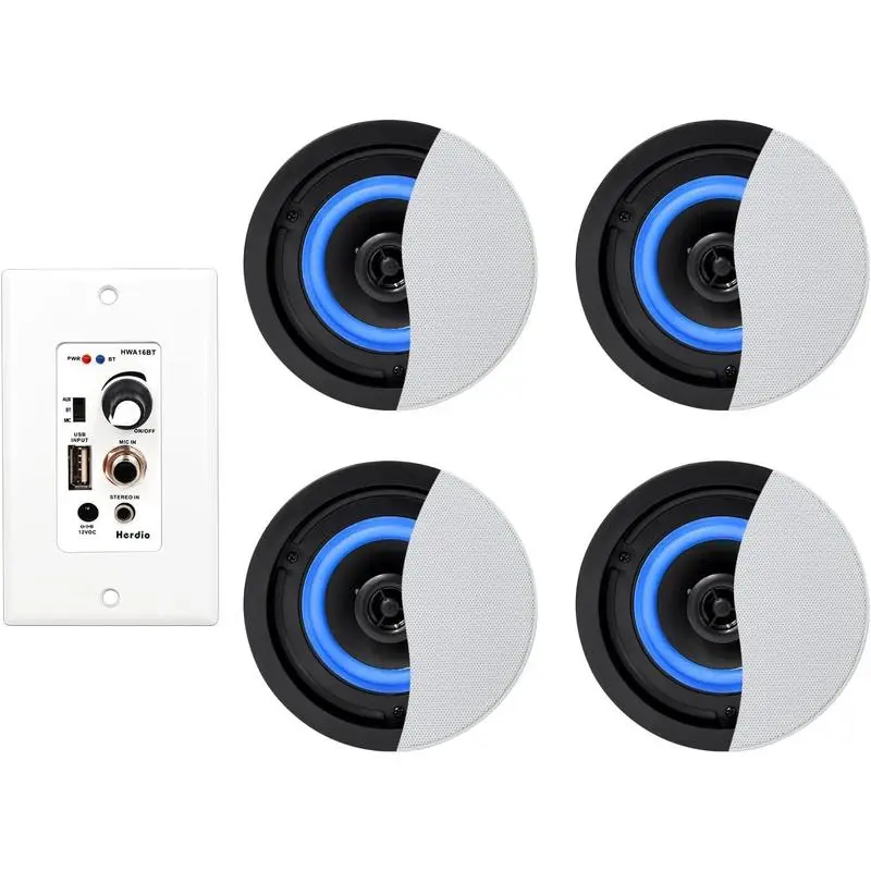 Herdio 4-Inch 2-Way Wireless Bluetooth Ceiling Speakers with 4-Channel Amplifier Receiver, Compact Mount Adapter, Polypropylene Drivers, Stereo Sound, 4x Wires, Android/iOS Compatibility for iPhones/Tablets, Home Theater Accessory, Mother's Day Gift, Devi