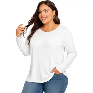 Plus Size Women's Solid White Crew Neck Long Sleeve T-Shirt Simple Casual Everyday Wear Basic Top L-6XL Multiple Sizes Comfortable & Versatile
