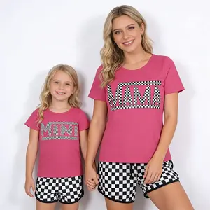 Mama Mini Matching Outfits, Mommy and Me Checkerboard Short Sets, Hot Pink Family Matching Clothes for Mom and Daughter
