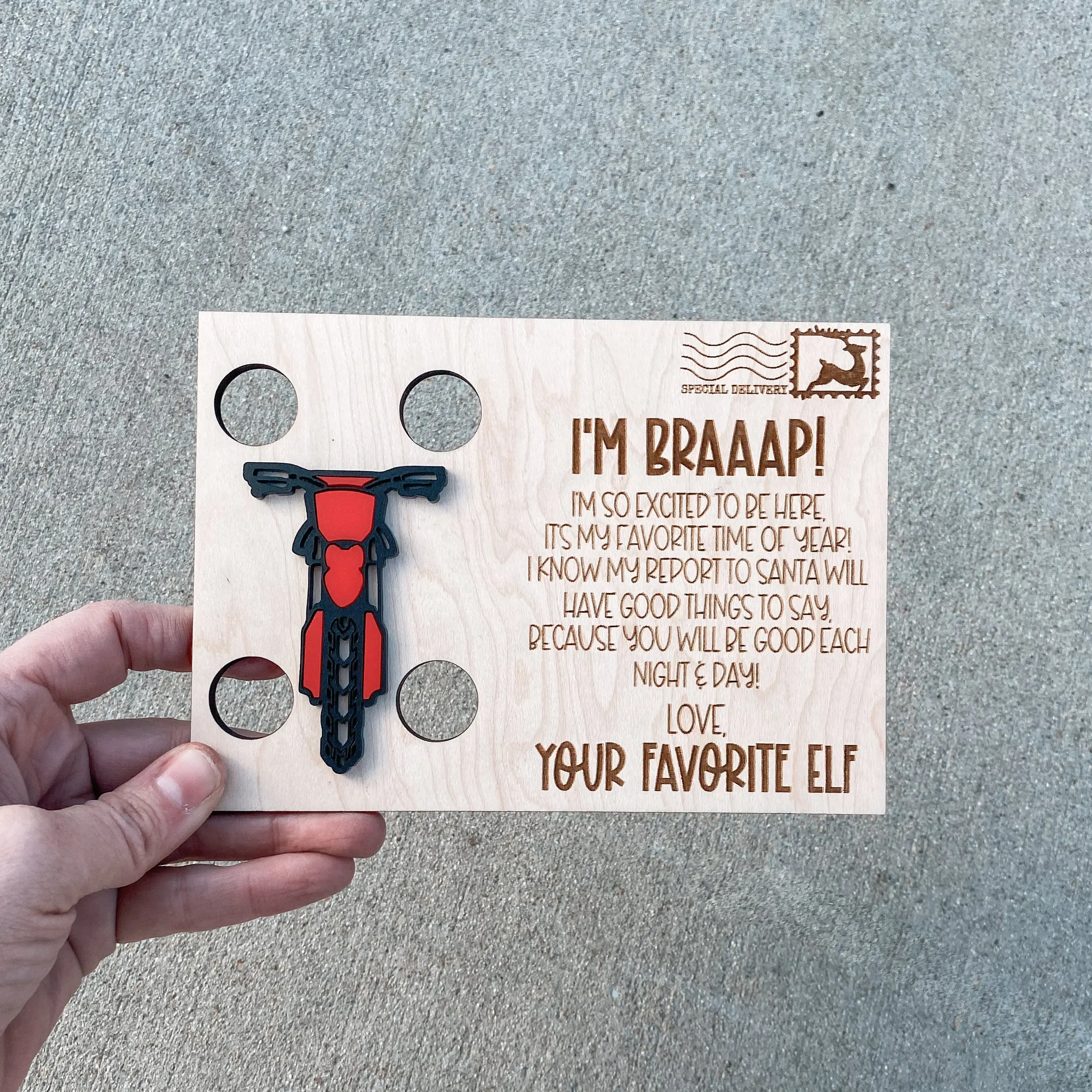 I'm Braaap Dirt Bike Elf Postcard | Personalized Elf Welcome Back Message