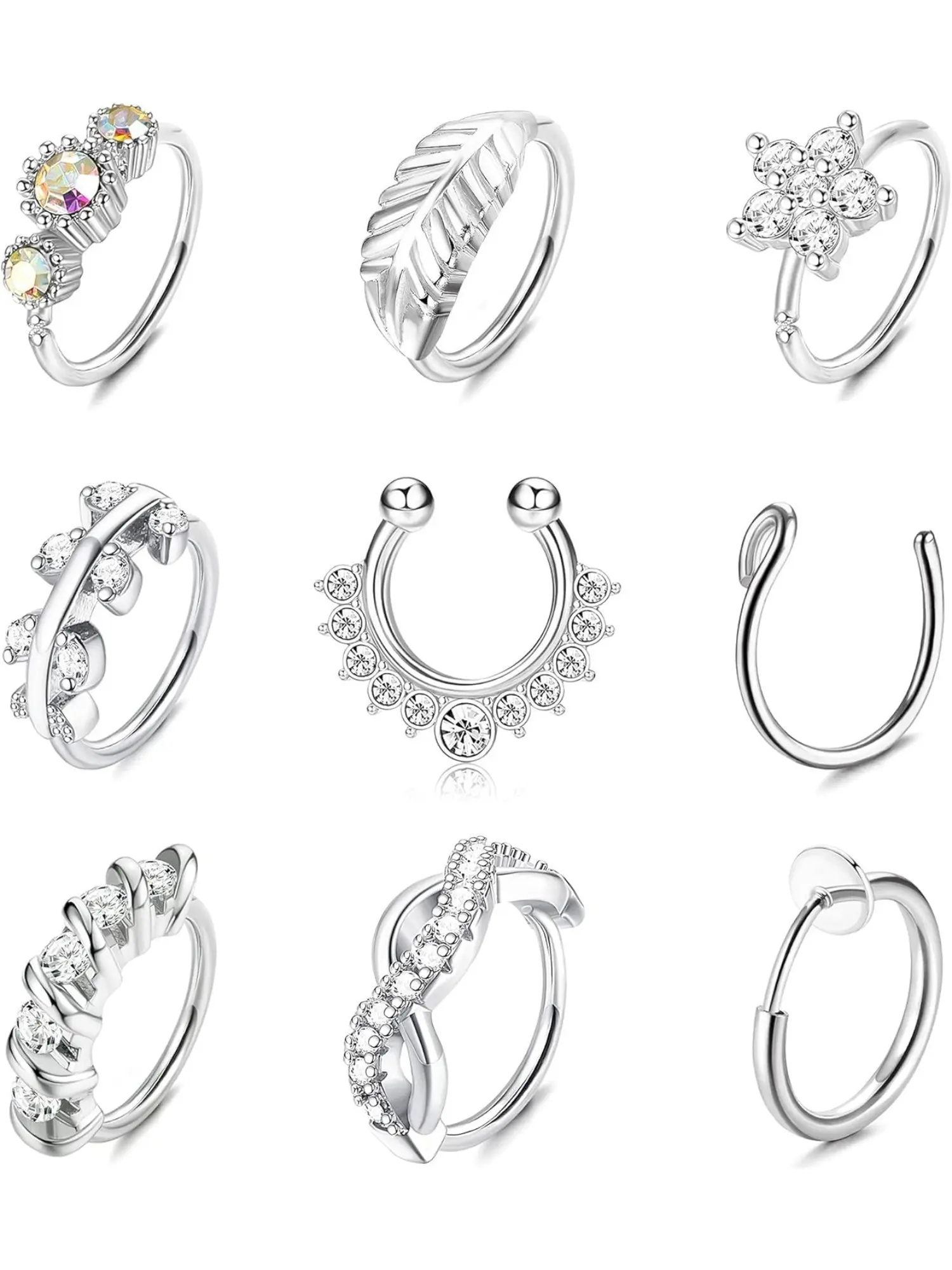 Versatile 9 Pcs Silvery Rose Golden Nose Hoop Rings Stainless Steel Cartilage Earring for Women Men Pave CZ Leaf Nose Septum Piercing Fake Nose Rings