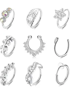 Versatile 9 Pcs Silvery Rose Golden Nose Hoop Rings Stainless Steel Cartilage Earring for Women Men Pave CZ Leaf Nose Septum Piercing Fake Nose Rings