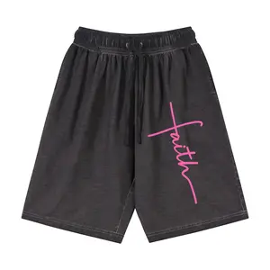 Faith Cross Script Washed Cotton Shorts | Vintage Gradient Drawstring Casual Shorts, Christian Faith Minimalist Graphic Summer Streetwear, Soft Cotton Loungewear for Daily Wear & Beach