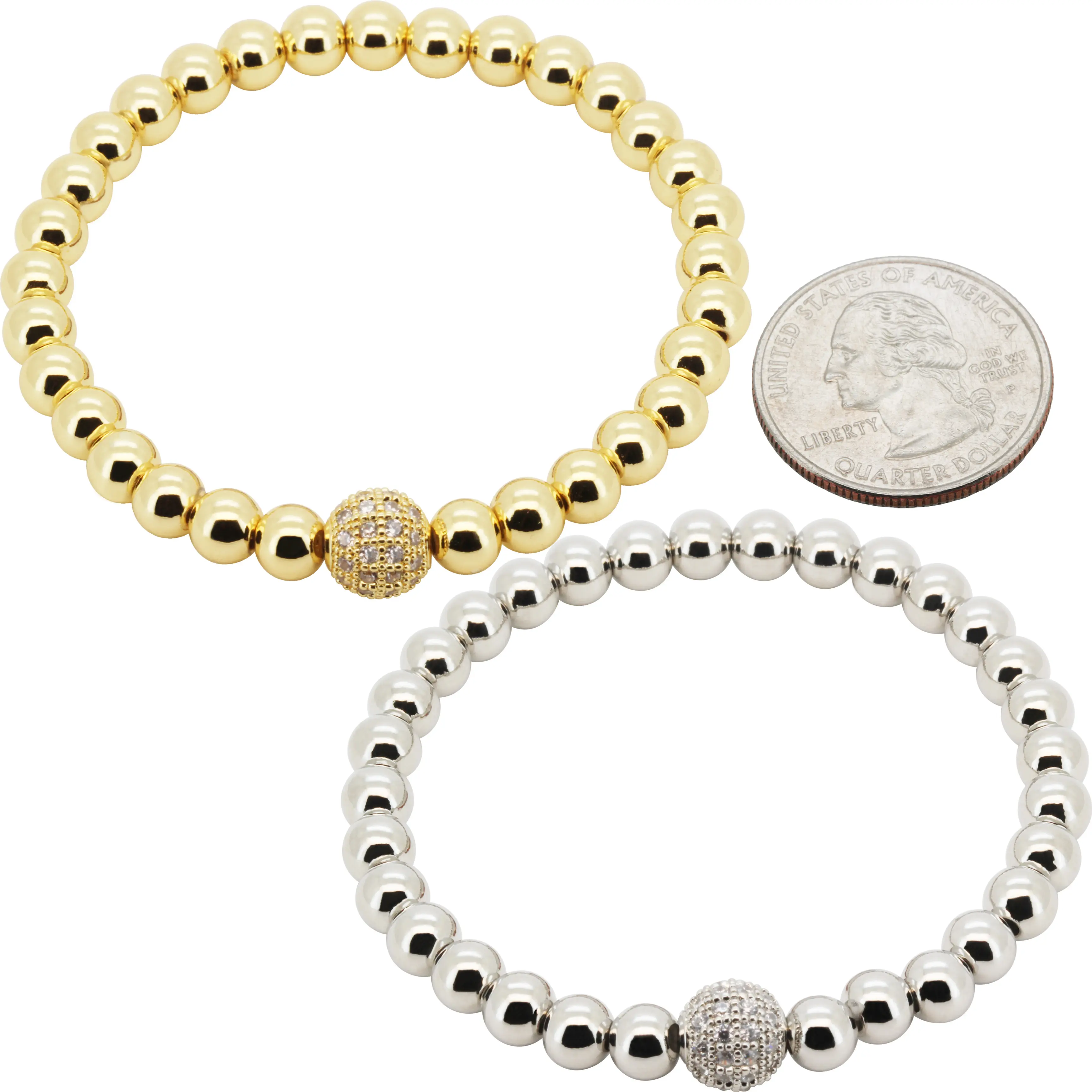 14k Yellow/White Gold Plated AAA Cubic Zirconia 8mm Disco Ball Beaded Stretch Bracelet 7”