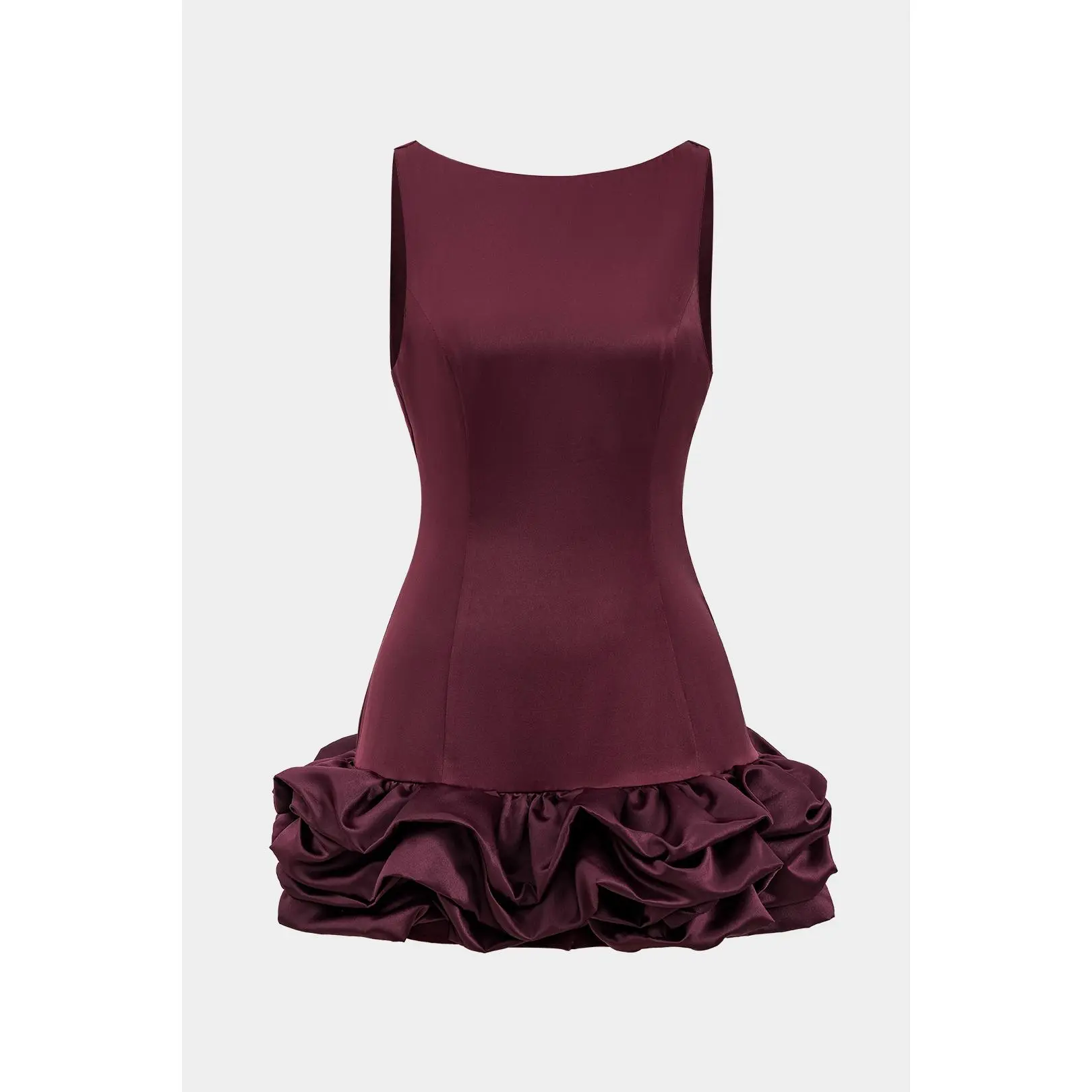 Satin Fabric Fitted Mini Dress with Ruffle Hem, Women's Sleeveless No-Stretch Cocktail Dress for Social Parties