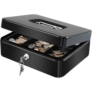 Large Metal  Box with  Tray and Lock, Box with  Tray, Drawer,9.84"x 7.87"x 3.54" Black Large