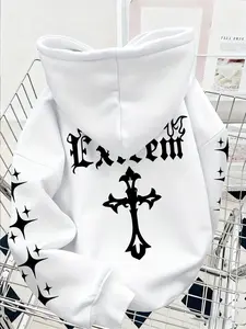 Men's 'Extrem' Gothic Long Sleeve Hoodie | Oversized Fit, Cross & Star Print | Trendy Dark Streetwear Essential | Perfect for Edgy Urban Style Enthusiasts
