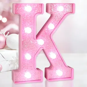 Pink Light Up Letters, LED Marquee Letters for Table, Small Glitter Alphabet LED Lights, Battery Powered for Girls Room Gifts Birthday Party Christmas Night Home Wedding Decoration-Pink Glitter K