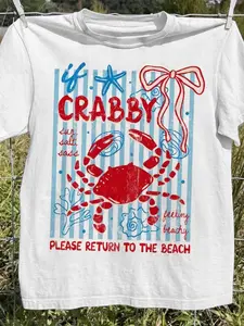 Casual Loose Round Neck T-Shirt, Y2K Fashion Casual Wear, Crab Print Short Sleeve, Summer Tropical Fashion, Daily Beach Vacation Clothing