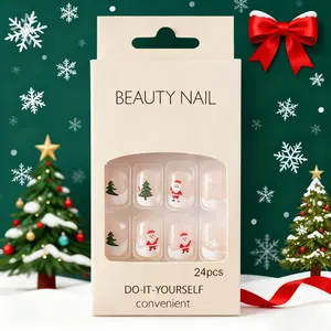 Christmas Press on Nails Short Square Fake Nail Bare Color French Tip Cute Snowflake Full Coverage Acrylic White Design Fake Winter Decoration Women and Girls
