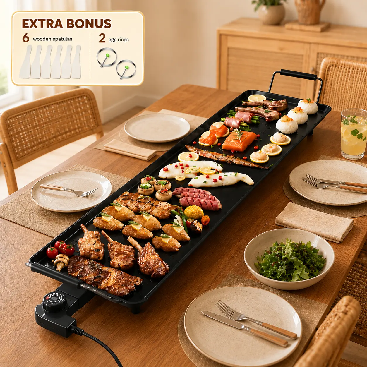 [For 6-8 People] COSTWAY 35" Extra Large Electric Griddle, 2000W Nonstick Long Table Top Grill w/5-Level Temp & Drip Tray, Indoor Outdoor Cooking Plates Teppanyaki Grill for Pancake, BBQ, Camping Gatherings, Back To School