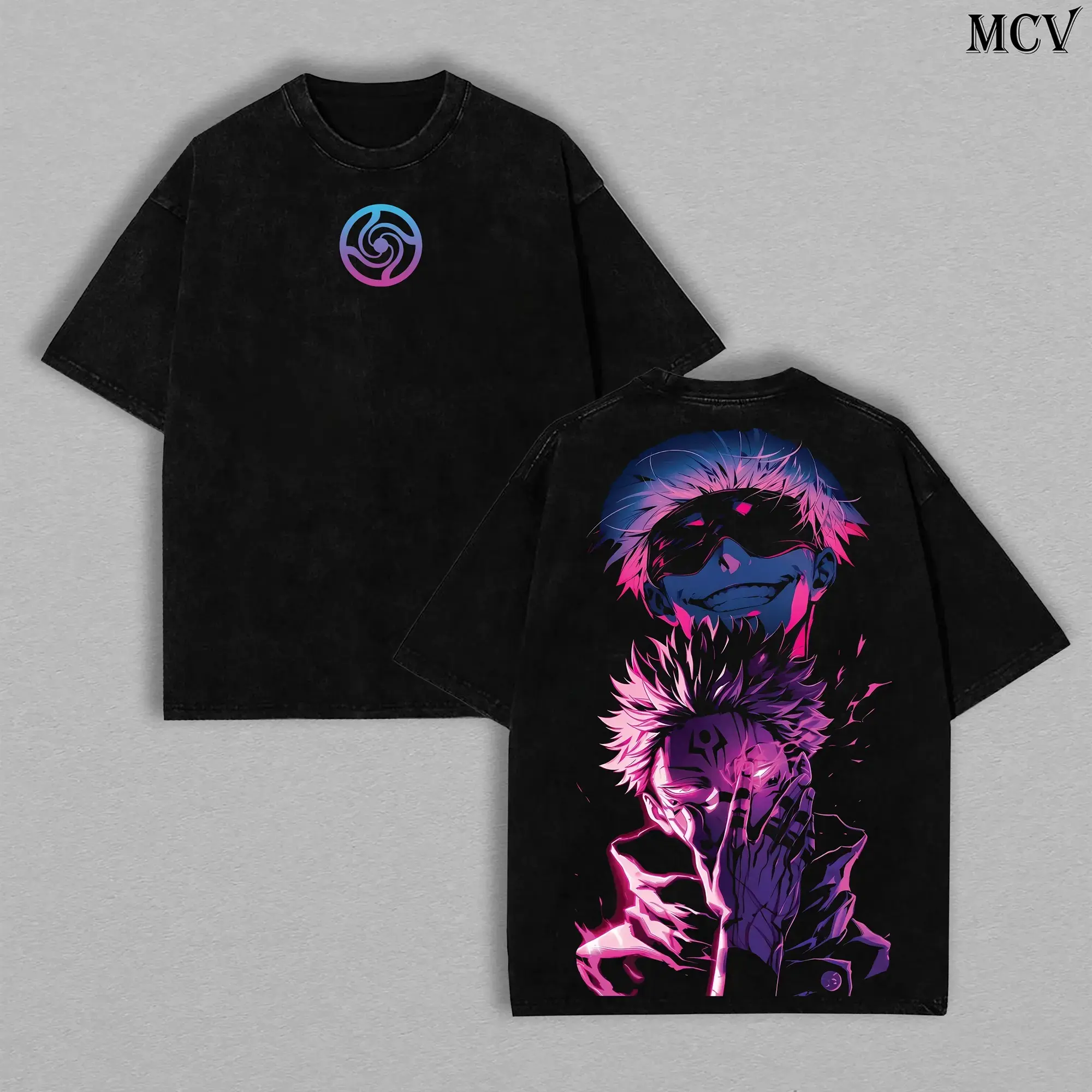Men's Jujutsu Kaisen Vintage Streetwear T-Shirt - Gojo Satoru x Ryomen Sukuna Classic Oversized Washed Heavy Cotton Seamless Short-Sleeve JJK Anime Apparel, Shortsleeve, Fabric, Casual