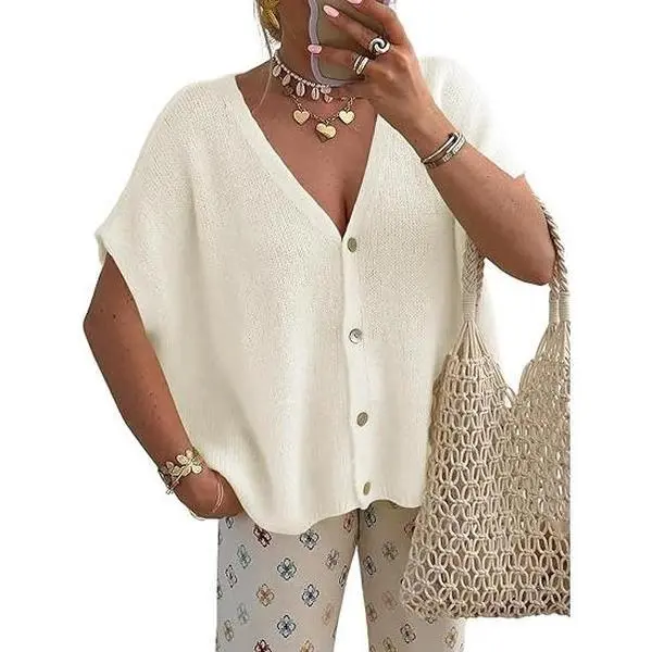 Women's loose knit cardigan, short sleeves, lightweight buttons, V-neck, casual sweater, autumn