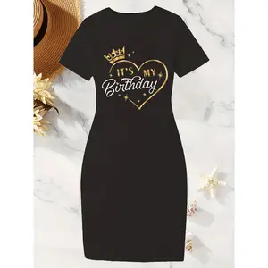 Its My Birthday Women's Sexy Bodycon Dress, Spring And Summer Fashion Short-Sleeve Dress with Artistic Prints Round Neck Short Sleeves, Party Wear