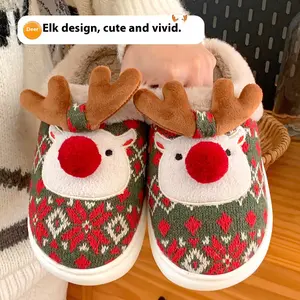 Christmas cute deer couple cotton slippers with plush fabric, comfortable and fashionable, warm and soft home slippers, super warm slippers