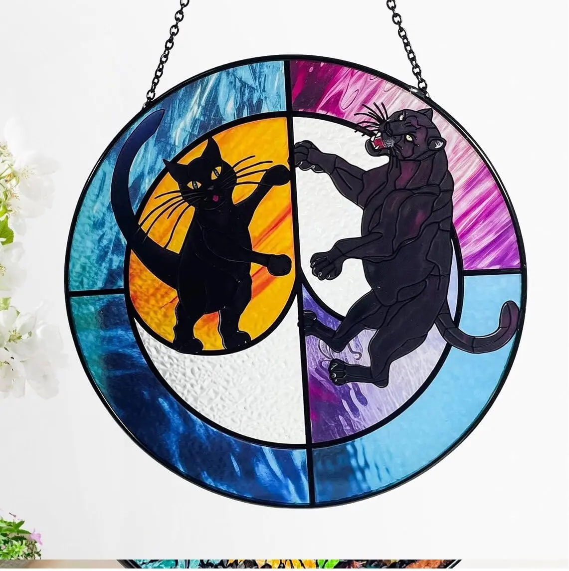 Stained Glass Window Hanging Suncatcher - 7.8'' Mindset is Everything, Black Cat to Panther, Transformative Indoor Decor, Unique Artistic Sun Catcher Wall Gift Ornaments Hangable Decoration