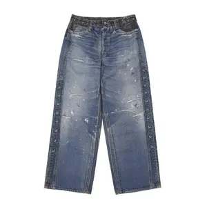 Inflation 100% Cotton Straight Leg Spliced Digital Print Jeans Height Enhancing Trendy Streetwear Niche Design Denim Pants