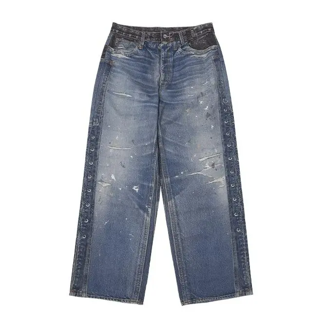 Inflation Men's 100% Cotton Mid-Waist Straight Leg Spliced Digital Print Casual Denim Pants - Height-Enhancing, Pocket-Equipped, All-Seasons Niche Streetwear Menswear Trouser Clothes