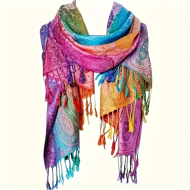 Bohemian Paisley Pashmina Women's Shawl, Multicolored Tassel Scarf, Classic Style Autumn and Winter Warm Wrap, Carnival Accessories Boho Pink Layered