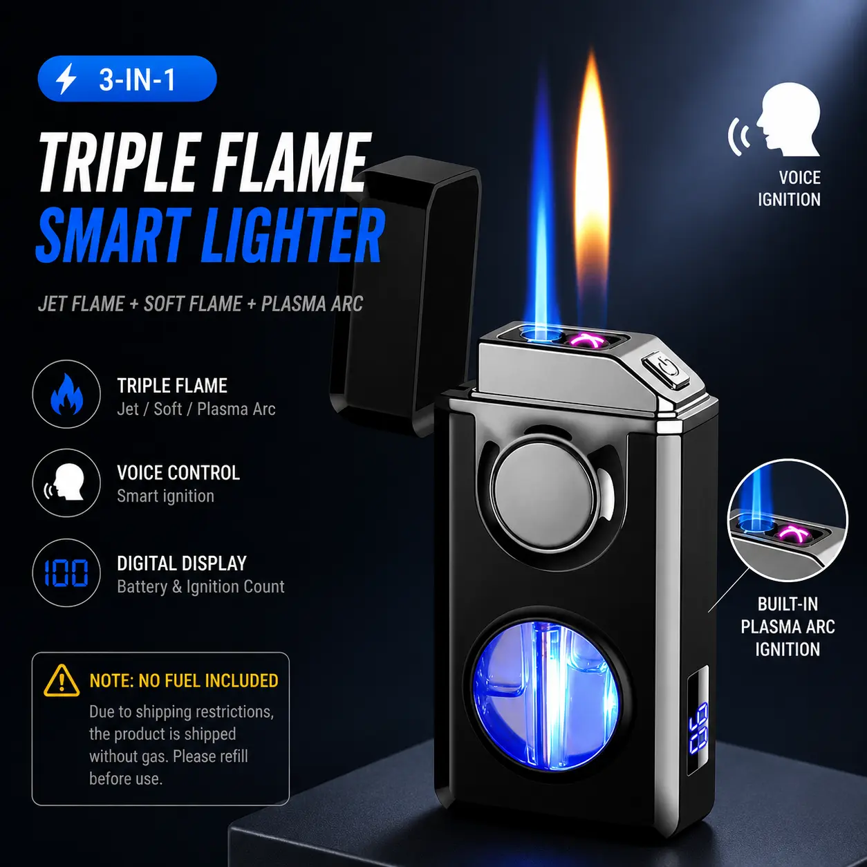 3-in-1 Voice Control Smart Lighter – Jet Flame / Soft Flame / Plasma Arc Switchable, Digital Display – NO FUEL INCLUDED – Ships Empty, Arc USB Rechargeable