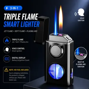 3-in-1 Voice Control Smart Lighter – Jet Flame / Soft Flame / Plasma Arc Switchable, Digital Display – NO FUEL INCLUDED – Ships Empty, Arc USB Rechargeable