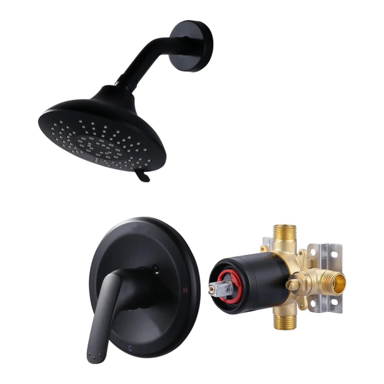 WOWOW Wall-Mounted High Pressure Showerhead Combo Set - Black Bathroom Faucet Fixtures Set with Valve, Rain Head Trim Kit