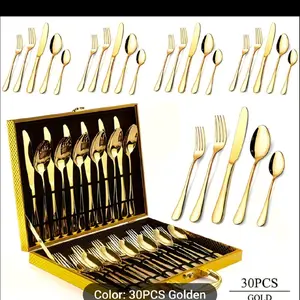 30pcs Deluxe Golden Stainless Steel Silverware Set with Gift Box Mirror Polishing 6 People Flatware Knives Forks Spoons Exquisite Wooden Box Ideal for Business Gifts Weddings Celebrations Banquets