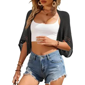 Women's 2026 Lightweight Summer Cardigan 3/4 Batwing Sleeve Crochet Shrug Casual Knit Cropped Sweater Tops