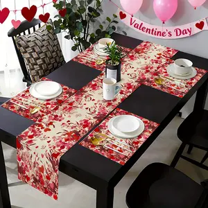 5/7pcs table runner placemat set, red plant love heart Valentine's Day anniversary wedding, seasonal kitchen table decoration, suitable for home party decoration, Festive Place Setting, Dining Table Decor, Table Runner Set, Love-Themed Decor