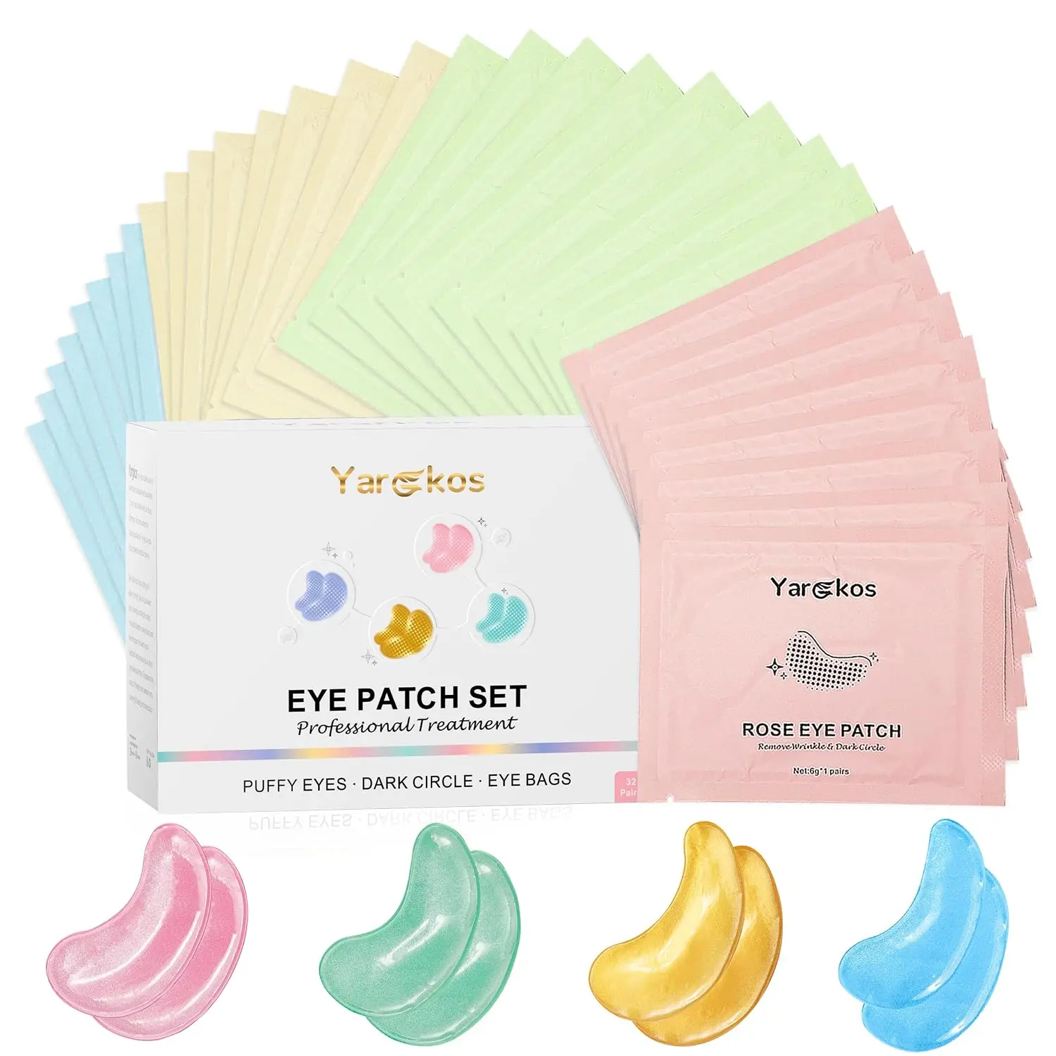 32 Pairs Under Eye Patches, Hydrating Eye Masks for Dark Circles Puffiness Puffy Eyes, Anti Wrinkle Collagen Undereye Pads, 32 Sets Travel Skincare Face Gel (24K Golden+Blue+Pink+Green)
