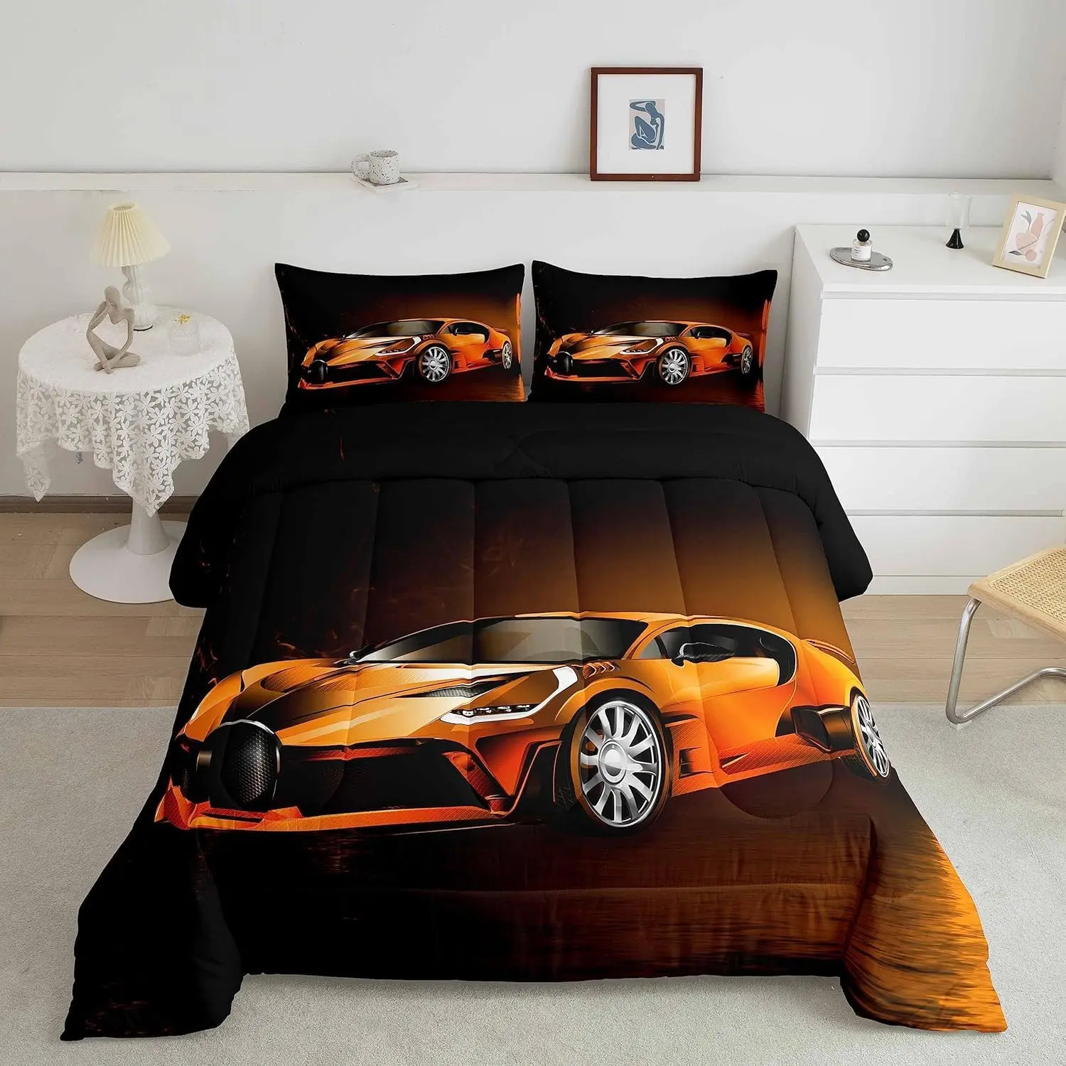 Feelyou Speed Racing Orange Digital Print Decorative Bedding Set - Breathable Microfiber Duvet Set with Down Duvet Insert, Multi-Size Luxury Quilt Comforter for Warm Bedroom Decor, Breathable Duvet Set