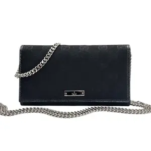 Pre-owned GUCCI Canvas Small Leather Goods Black GG Wallet with Chain