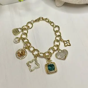 Bella Charm Necklace and Bracelet 14k Gold Plated with Heart Star and Square Charms for Women Jewelry Set