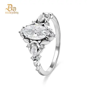 Delzzad 14k Gold-Plated 1ct Vintage Marquise Cut Engagement Ring Synthetic Moissanite Ring Jewelry S925 Perfect Birthday Engagement Wedding Anniversary Christmas Valentine's Day Gift