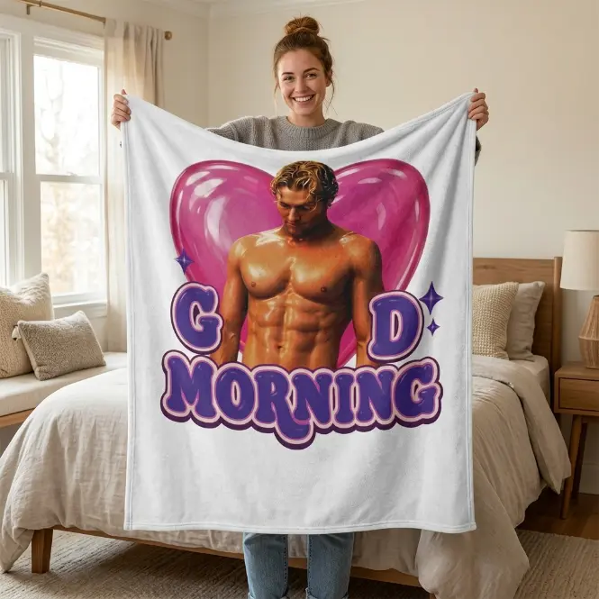 Dean Di Laurentis Good Morning Blanket, Funny Hot Guy Throw Blanket, Pink Heart Y2K Fleece Blanket, Flirty Morning Gift for Her
