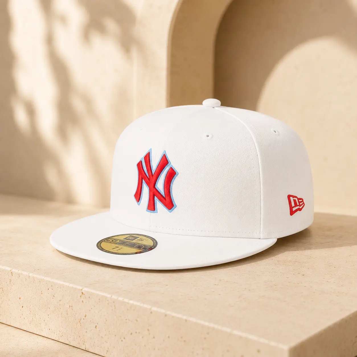 New era Retro NY Letter All-White Baseball Cap | Structured High Crown Flat Visor Hat | Multi-Color Contrast Stitching new