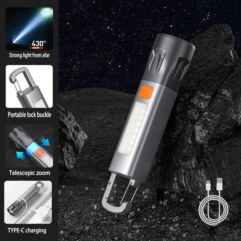 Mini bright LED rechargeable waterproof flashlight with hook, high brightness, with side light, zoomable, ultra-bright handheld flashlight, suitable for emergencies / camping / home / hiking / adventures
